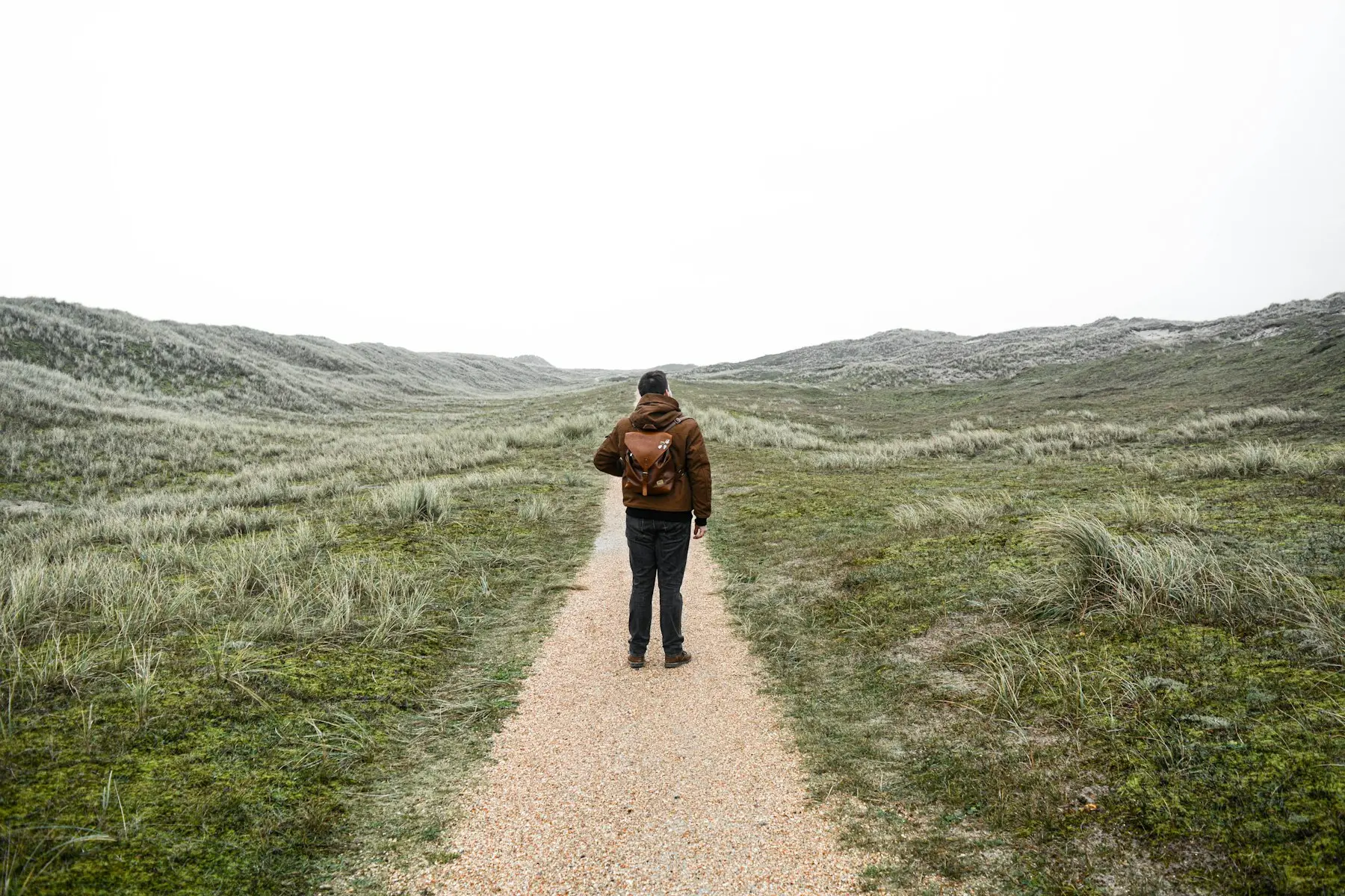 A walker, seen from behind, on a narrow path through a misty dune valley